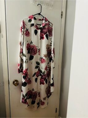 White Floral Button-Down Midi Dress with Pink Rose Print